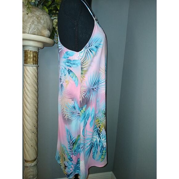 Caramella Dress Womens Medium Pink Teal Palm Leaf Print Sleeveless Halter Neck - Picture 2 of 7